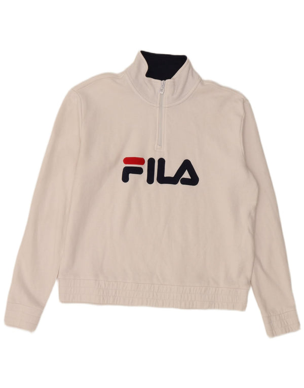 FILA Sweat-shirt graphique à col zippé pour femme UK 16 Grand coton blanc