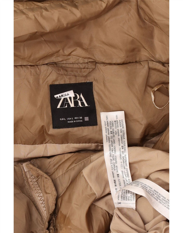 Zara Manteau rembourré à capuche pour femme UK 16 Large Marron Polyamide