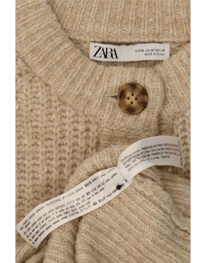 Zara Femme Cardigan Pull UK 12 Polyester Beige Moyen