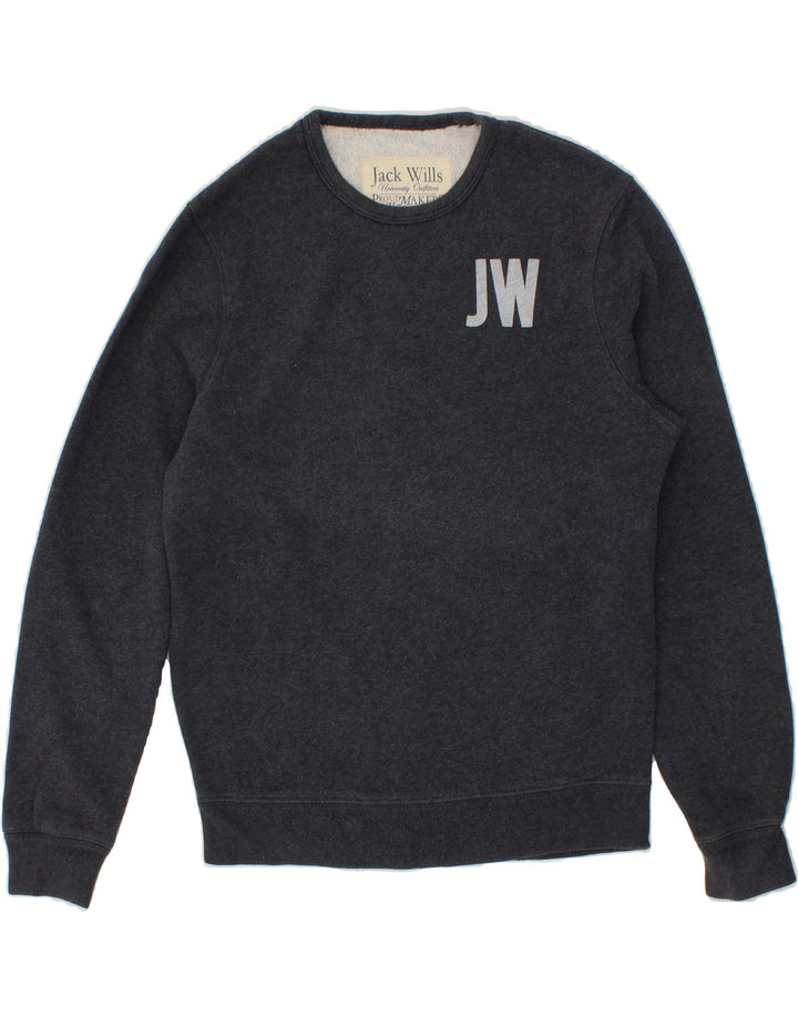 JACK WILLS Mens Graphic Sweatshirt Jumper Small Navy Blue Cotton Vintage Jack Wills and Second-Hand Jack Wills from Messina Hembry 