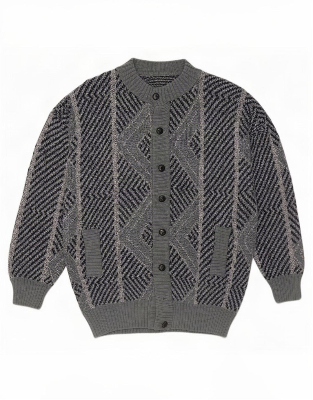 vintage Mens Cardigan Pull Grand Bleu Géométrique