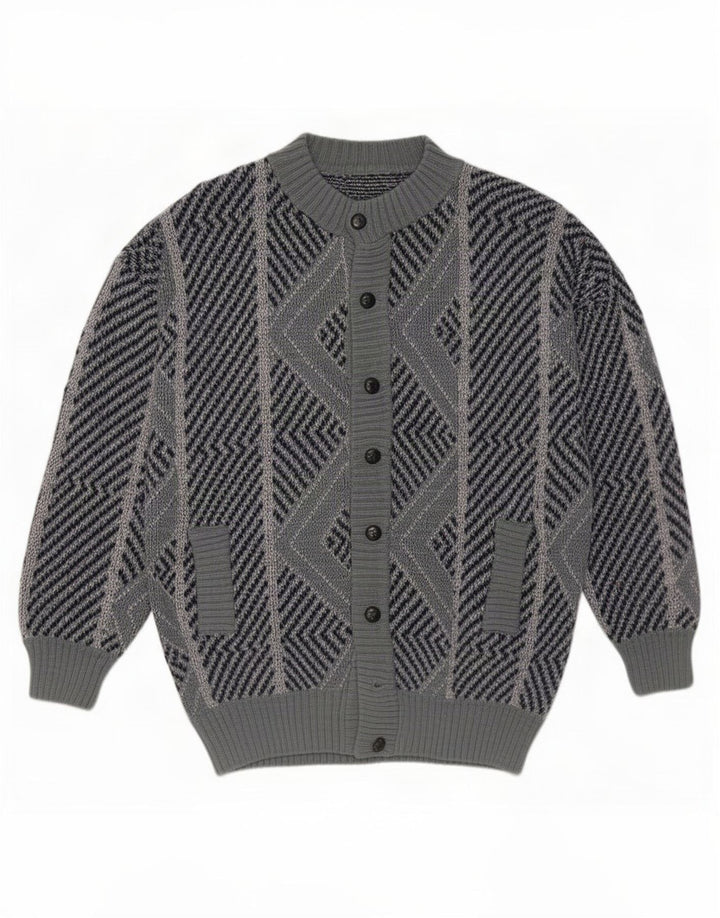 vintage Mens Cardigan Pull Grand Bleu Géométrique