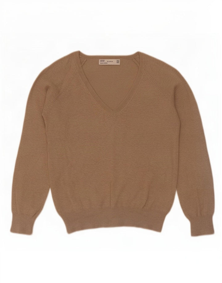 Zara Pull col V pour femme UK 12 en coton beige moyen