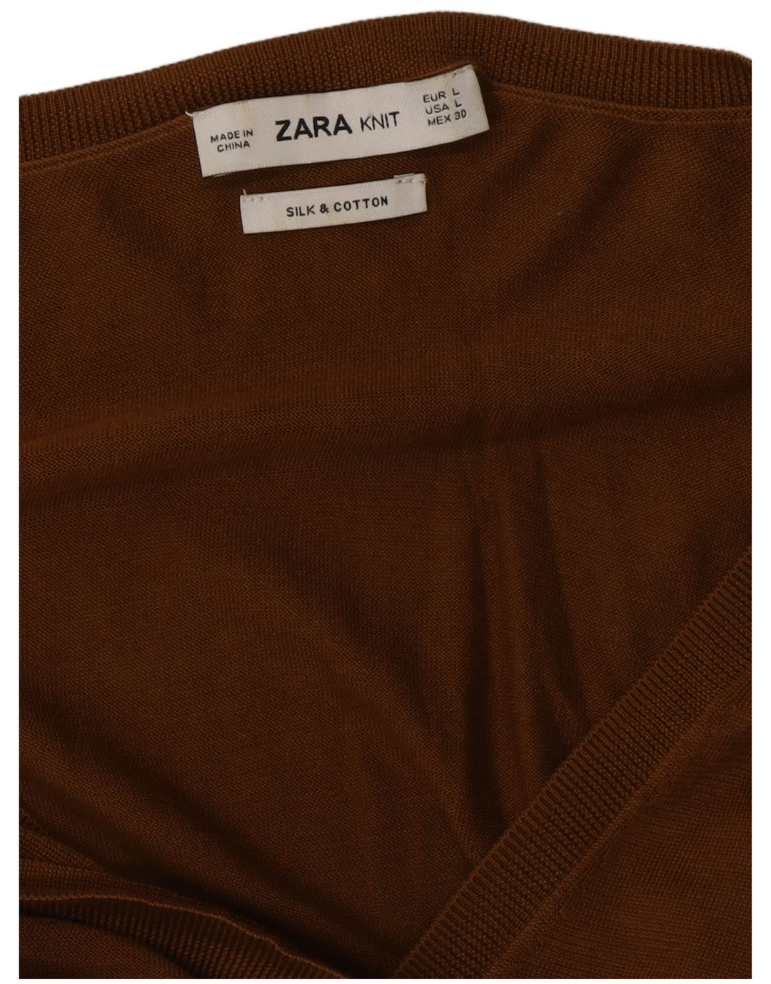 ZARA Pull à manches courtes et col en V pour femme UK 14 Grande soie marron