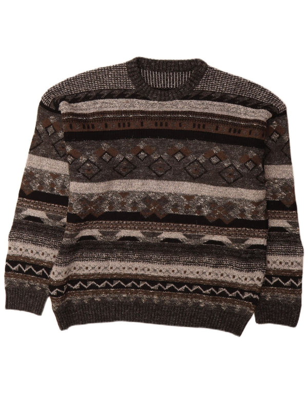 vintage Mens Crew Neck Jumper Sweater IT 50 Moyen Gris Géométrique