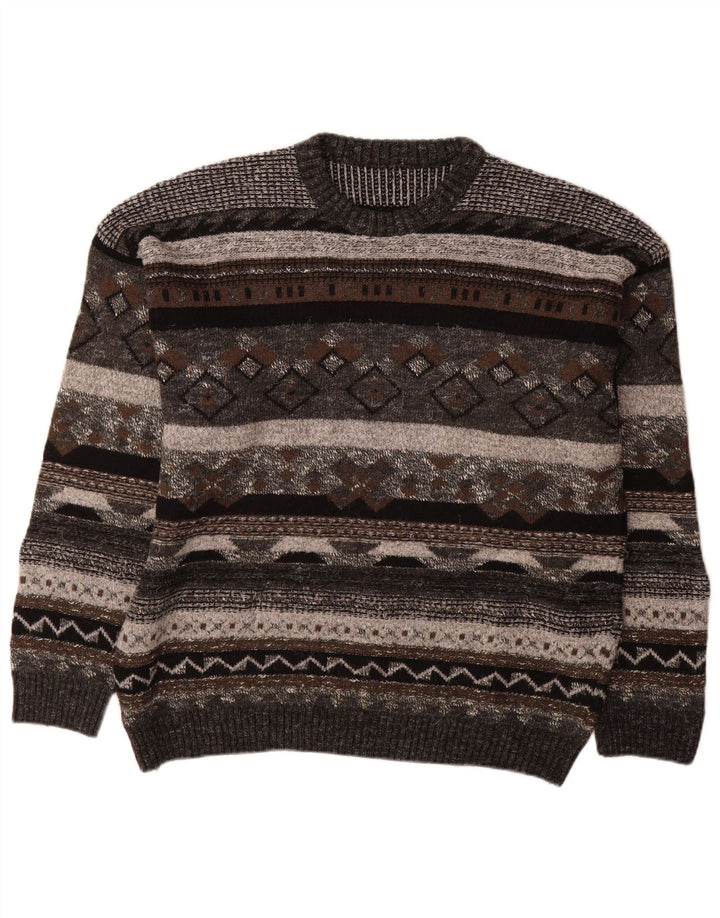 vintage Mens Crew Neck Jumper Sweater IT 50 Moyen Gris Géométrique