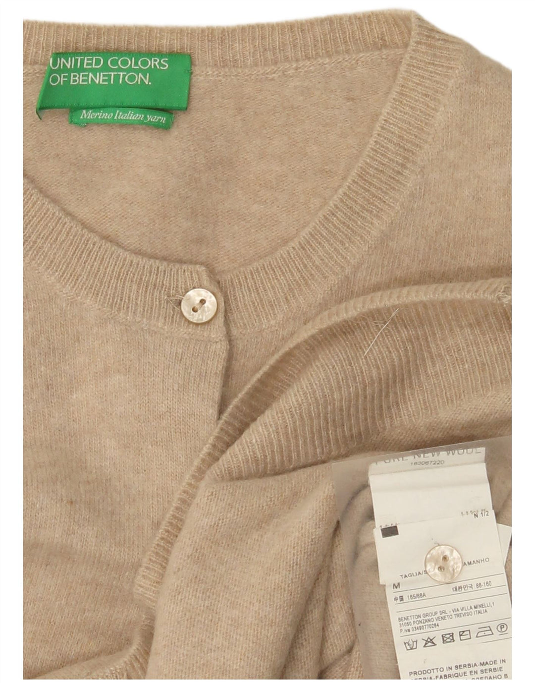 Benetton Pull Cardigan Femme UK 12 Laine Vierge Beige Moyen