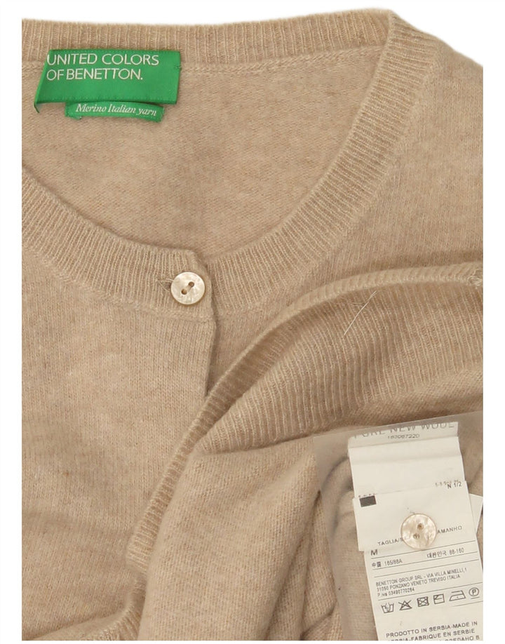 Benetton Pull Cardigan Femme UK 12 Laine Vierge Beige Moyen