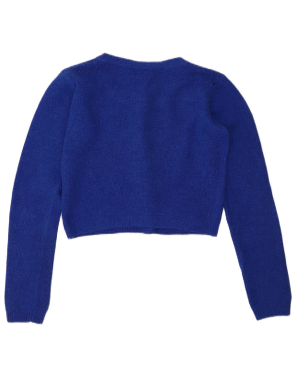 VINTAGE Femmes Crop Cardigan Pull UK 10 Petite Laine Bleue