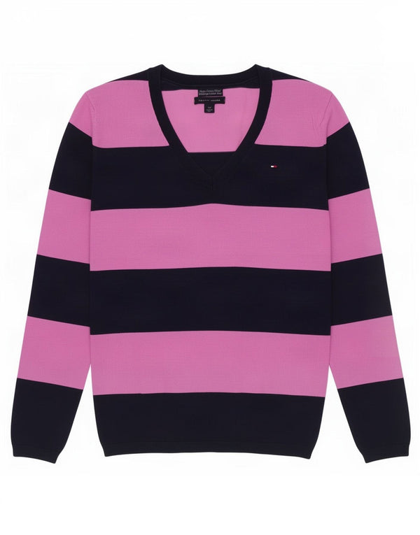 Tommy Hilfiger Pull col en V pour femme UK 10 Petit coton rayé rose