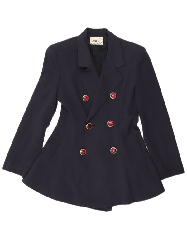 VINTAGE Femme Longline Blazer Veste UK 10 Petit Bleu Marine
