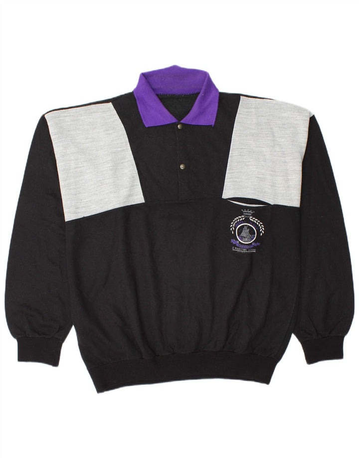 vintage Mens Polo Neck Sweatshirt Jumper Moyen Noir Colourblock