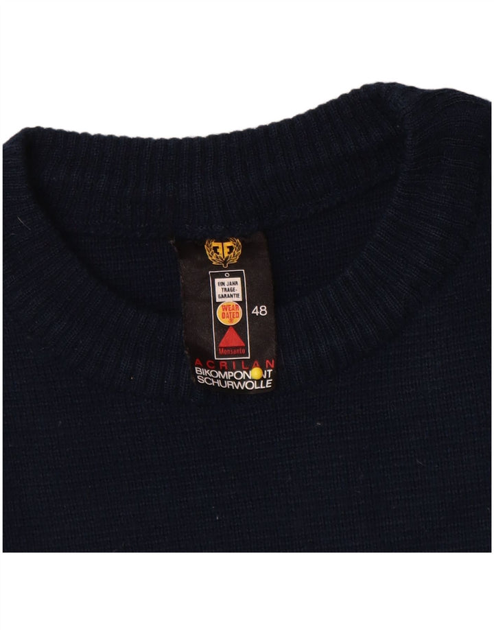 vintage Mens Crew Neck Jumper Sweater IT 48 Medium Navy Blue Colourblock