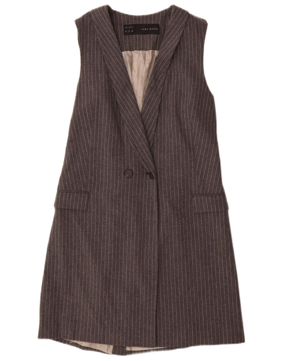 Zara Veste blazer longue sans manches pour femme UK 12 Gris moyen à fines rayures