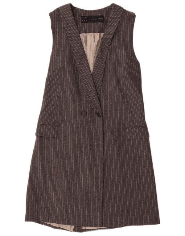 Zara Veste blazer longue sans manches pour femme UK 12 Gris moyen à fines rayures
