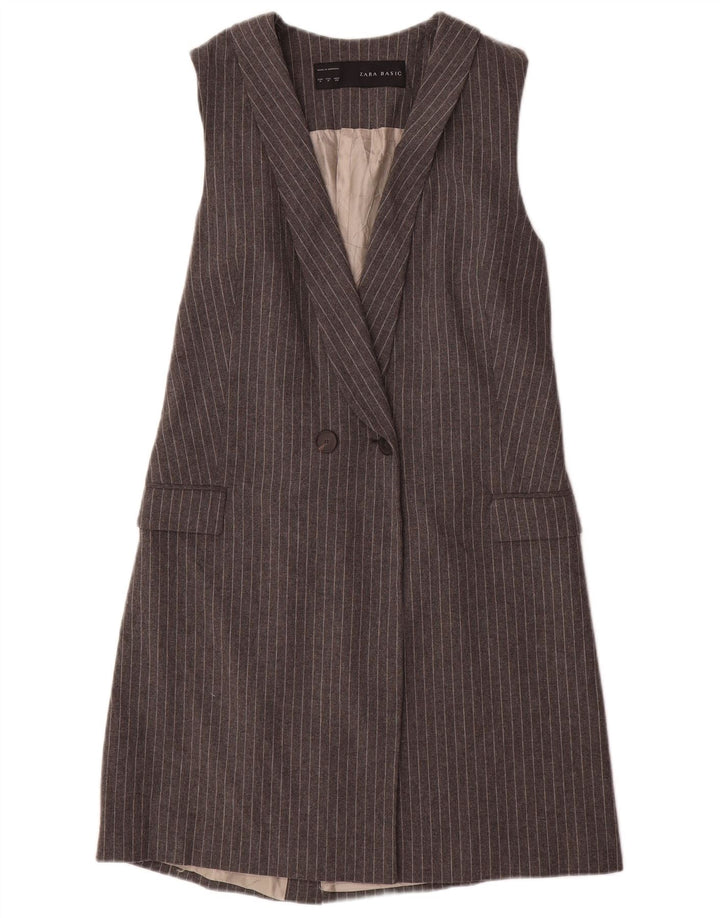 Zara Veste blazer longue sans manches pour femme UK 12 Gris moyen à fines rayures