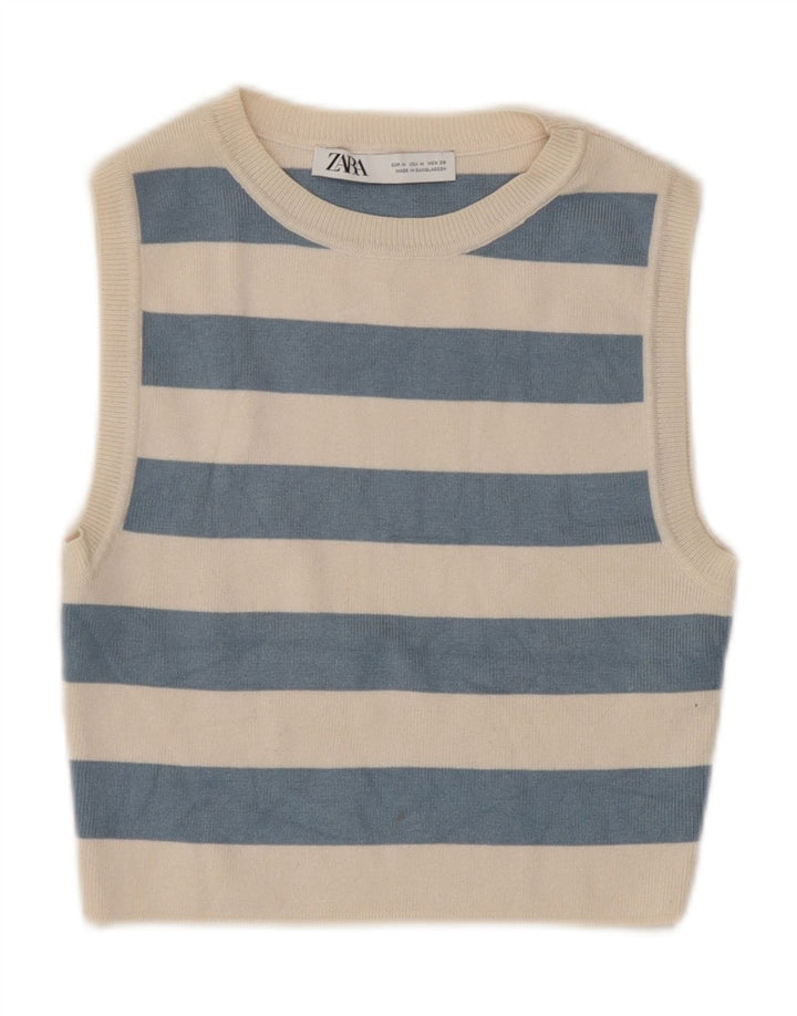 Zara Femme Crop Top UK 12 Viscose Rayée Beige Moyen