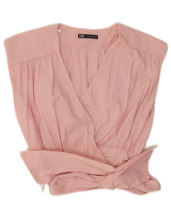 Zara Femmes Sans Manches Wrap Crop Top UK 10 Petit Rose Coton