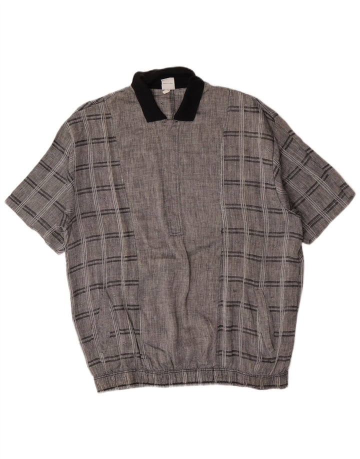 Chemise pull à manches courtes vintage pour hommes à carreaux gris moyen