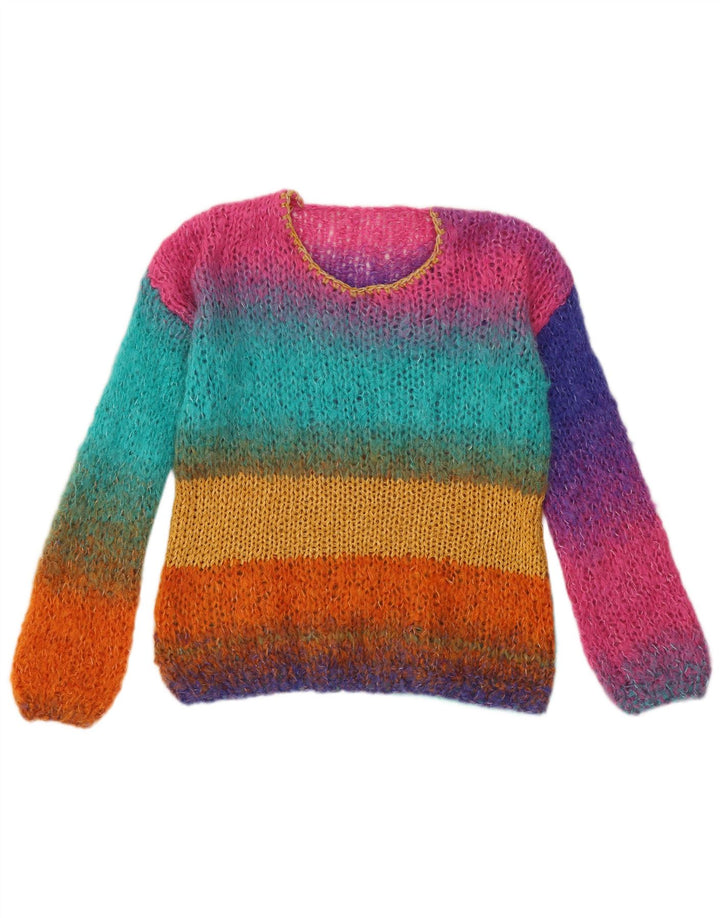 vintage Womens Crew Neck Jumper Pull UK 14 Moyen Multicolore Rayé