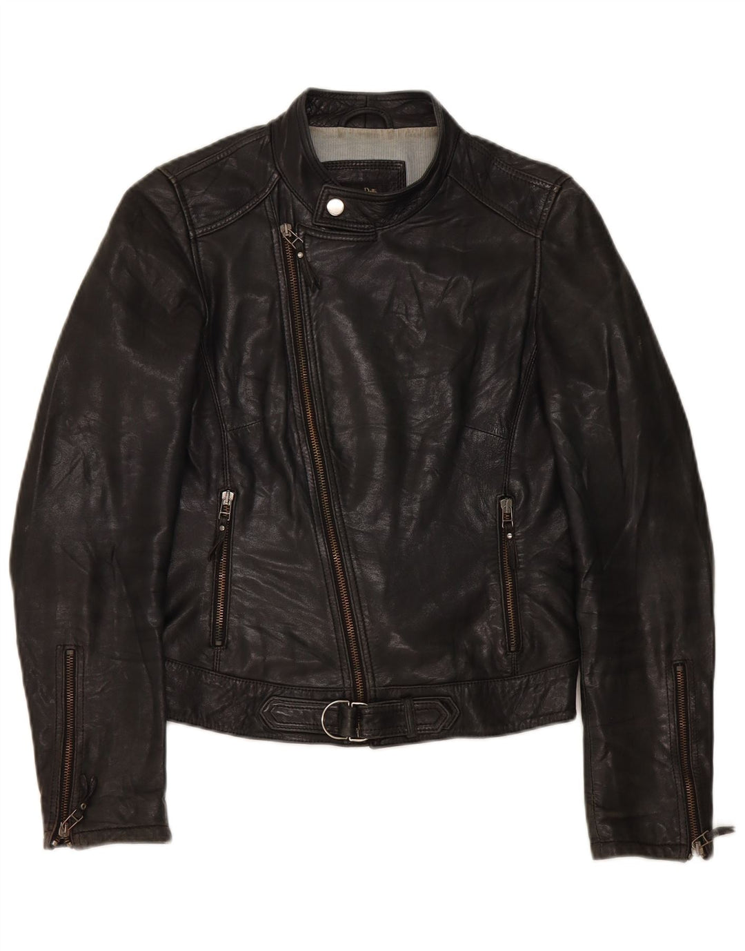 Massimo Dutti Veste de motard en cuir pour femme UK 10 Petit Noir