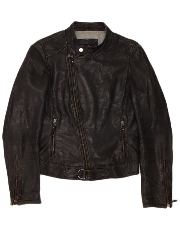 Massimo Dutti Veste de motard en cuir pour femme UK 10 Petit Noir