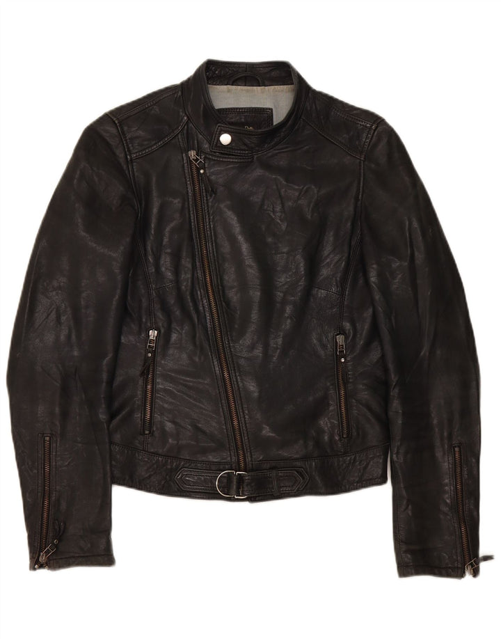 Massimo Dutti Veste de motard en cuir pour femme UK 10 Petit Noir