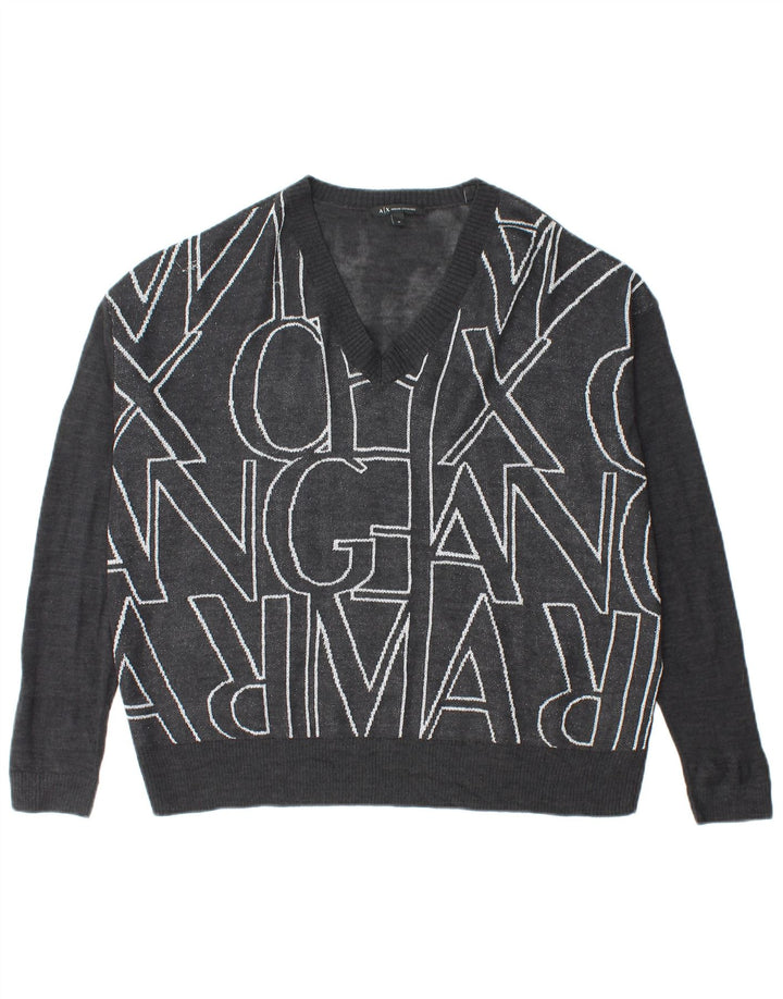 ARMANI EXCHANGE Womens Oversized V-Neck Jumper Sweater UK 14 Medium Grey
