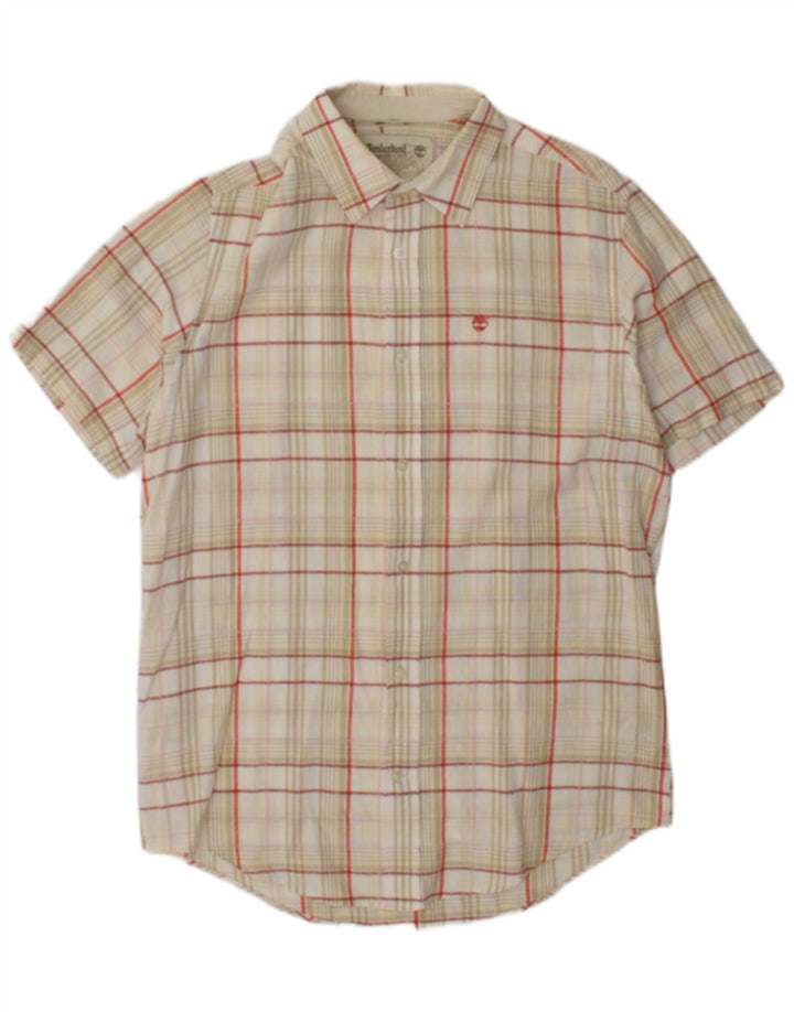 Timberland Chemise à Manches Courtes Regular Fit Homme Beige Moyen à Carreaux Lin
