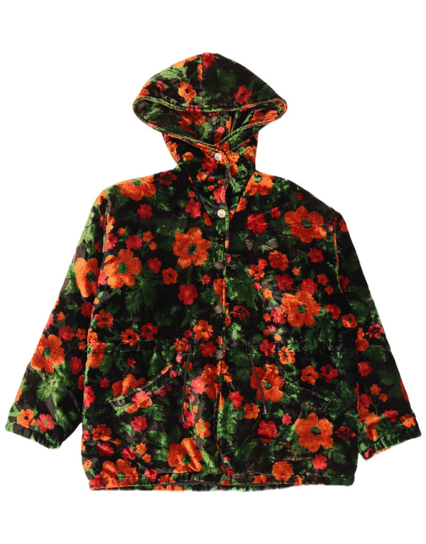 VINTAGE Veste coupe-vent surdimensionnée en velours pour femmes UK 18 XL Noir Floral