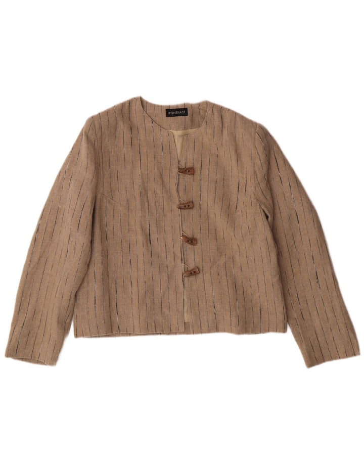 VINTAGE Femme 4 Bouton Blazer Veste UK 14 Lin Rayé Beige Moyen