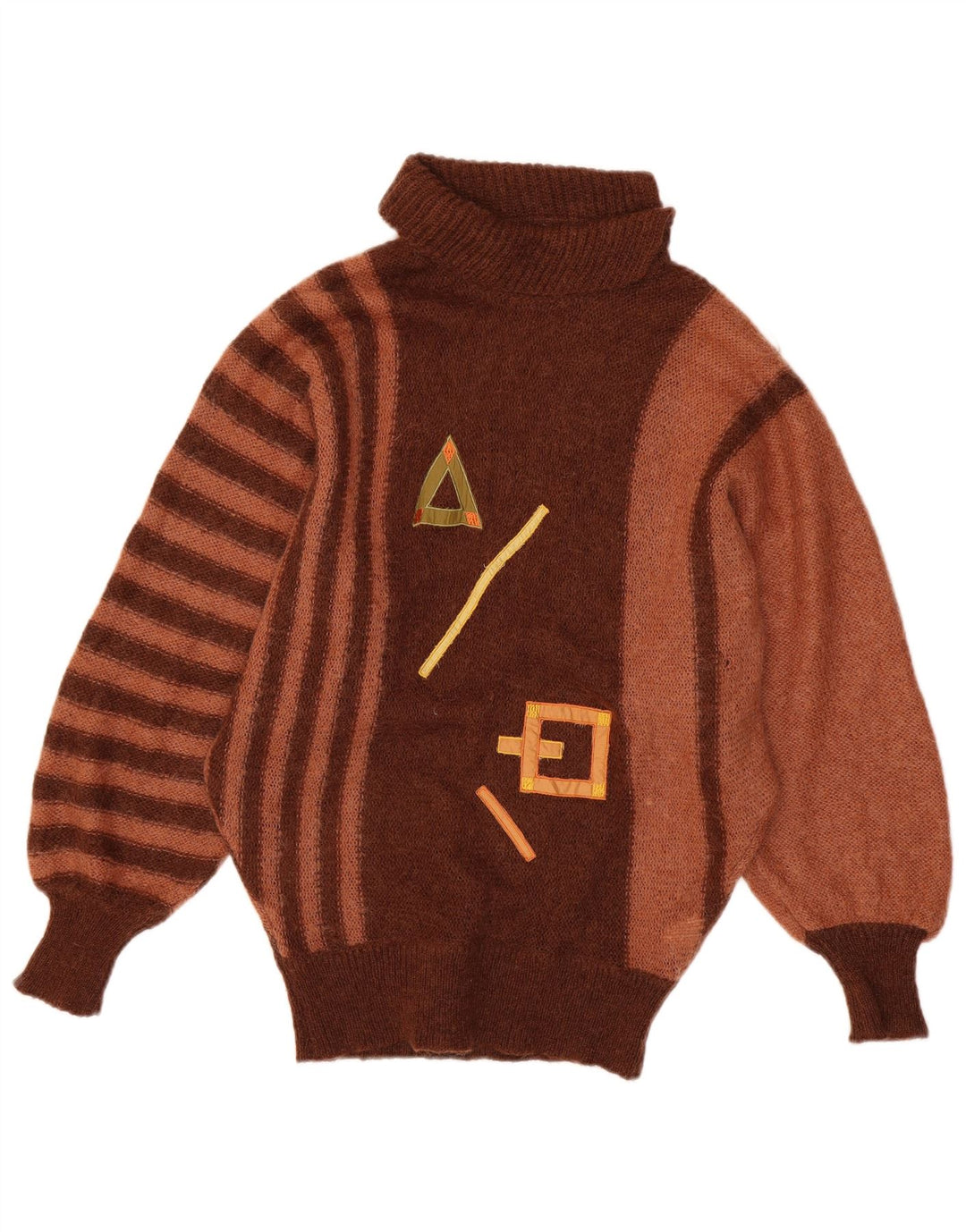 VINTAGE Femme Roll Neck Jumper Pull UK 14 Grand Mohair Rayé Marron