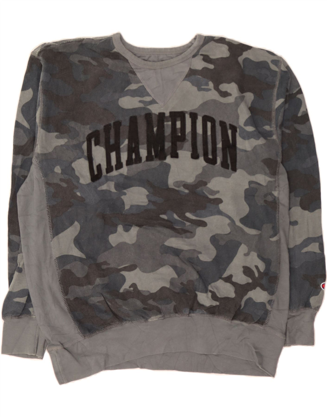 CHAMPION Mens Graphic Sweatshirt Jumper XL Grey Camouflage Cotton Vintage Champion and Second-Hand Champion from Messina Hembry 