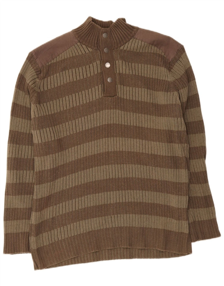 vintage Mens Button Neck Jumper Pull XL Marron Rayé