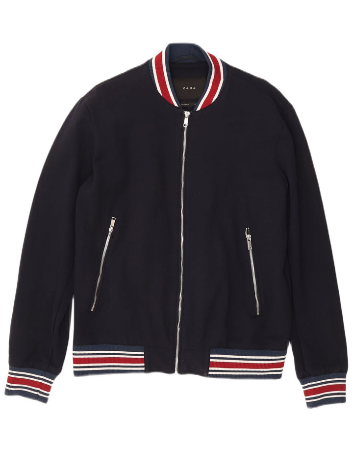 Zara Mens Bomber Jacket UK 40 Large Bleu Marine Rayé Viscose