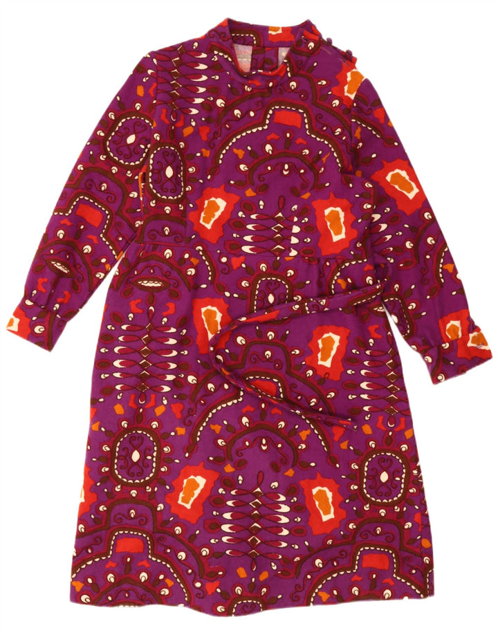 vintage Femmes Motif Abstrait Robe A-Line UK 12 Violet Moyen