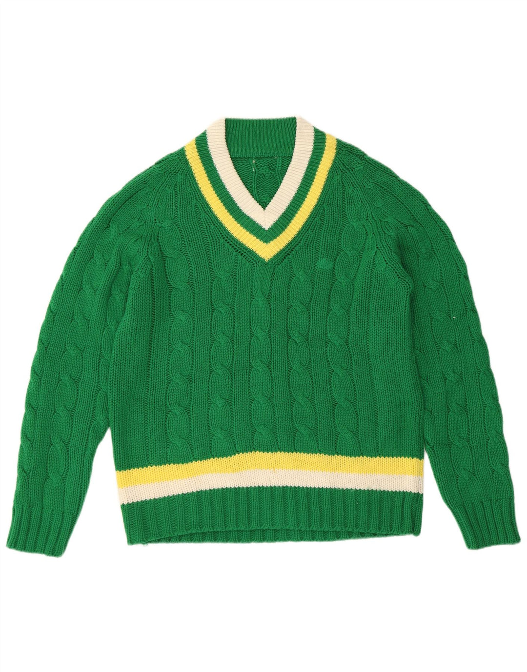 VINTAGE Femme V-Col Jumper Pull UK 16 Grand Vert Rayé