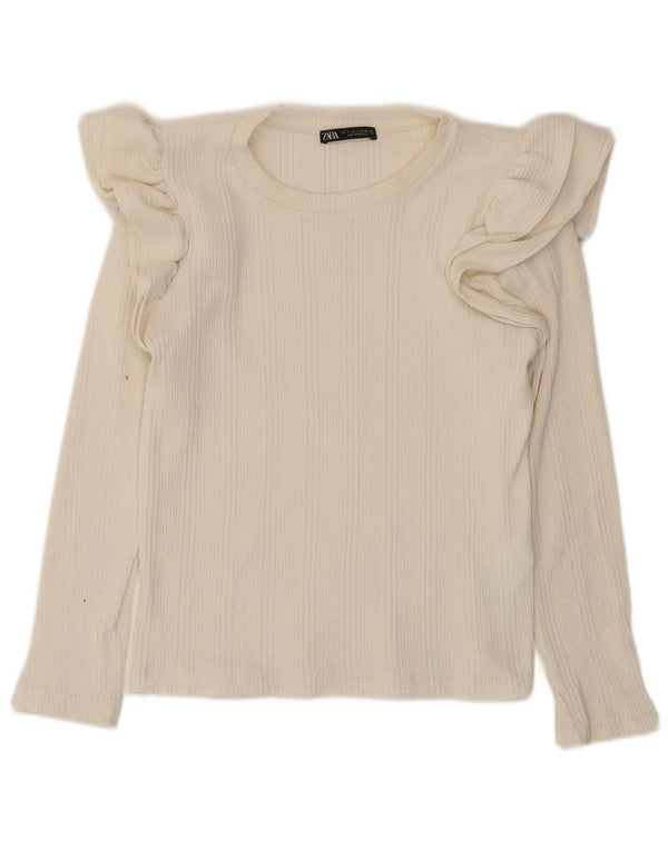 Zara Womens Crop Top Manches Longues UK 8 Petit Coton Blanc Cassé