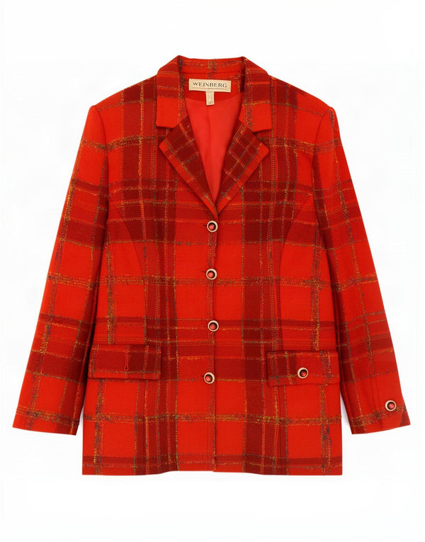 Weinberg Veste blazer à 4 boutons pour femme UK 14 en laine à carreaux rouges
