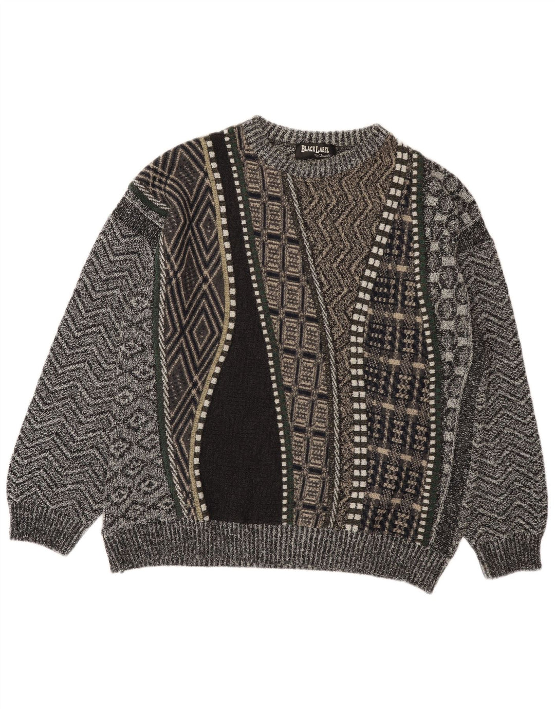 vintage Mens Crew Neck Jumper Pull XL Gris Patchwork Alpaga Laine