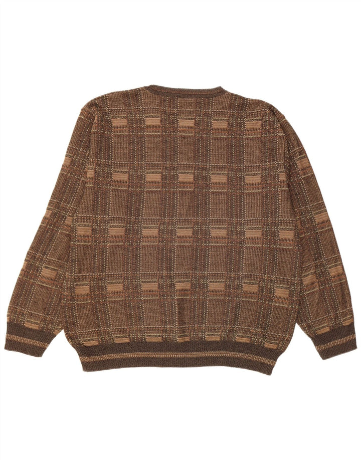 vintage Mens Crew Neck Jumper Pull Grand Carreau Marron