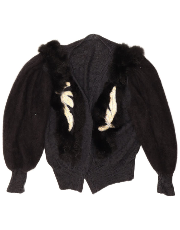 vintage Femmes Motif Abstrait Cardigan Pull UK 14 Grand Noir