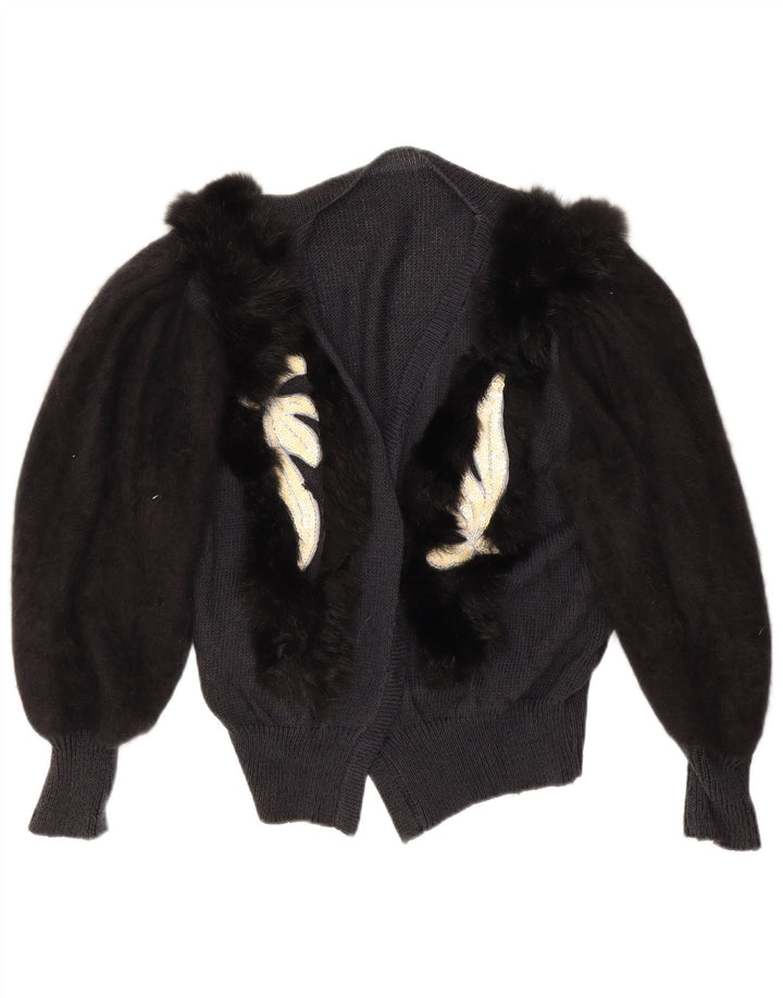 vintage Femmes Motif Abstrait Cardigan Pull UK 14 Grand Noir