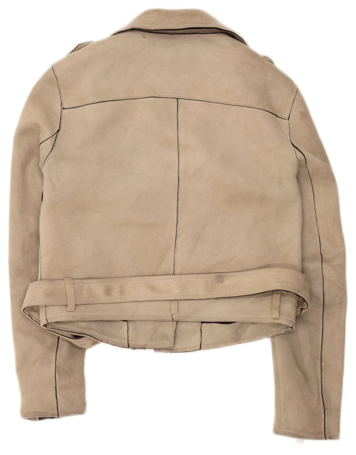 Zara Veste de motard courte pour femme UK 10 Petit polyester beige
