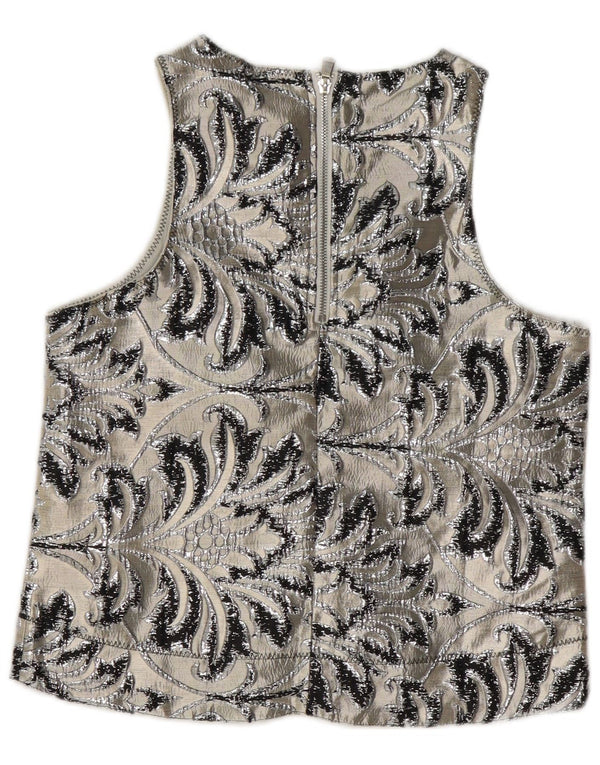vintage Femmes Blouse Sans Manches Top UK 10 Petit Gris Paisley Polyester