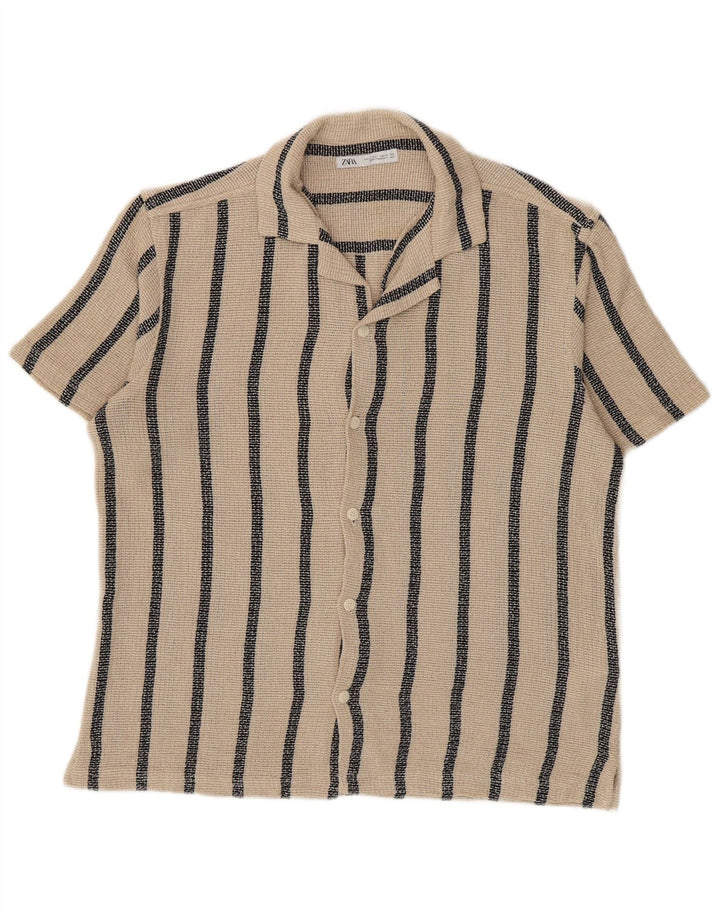 Zara Chemise À Manches Courtes Homme Large Coton Rayé Beige