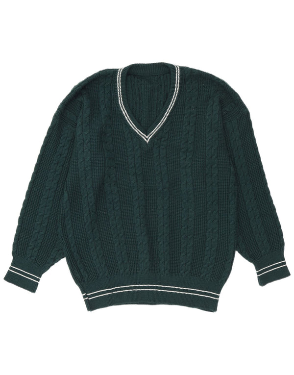 vintage Mens V-Col Jumper Pull Grand Vert Rayé