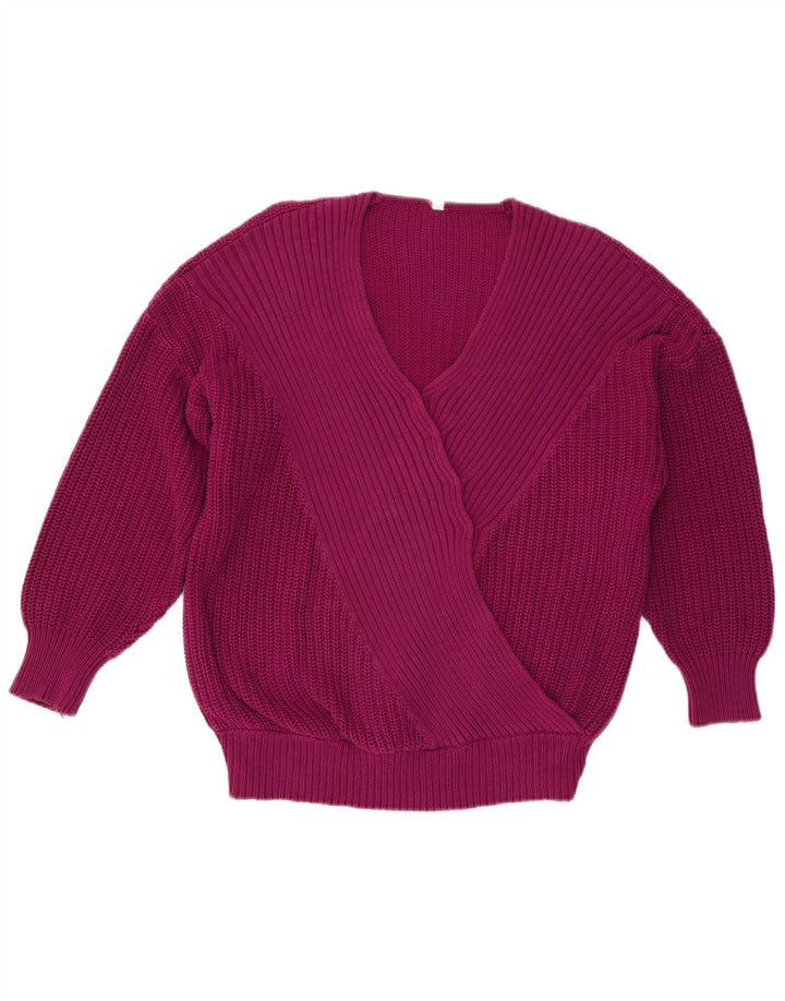 VINTAGE Femme Pull surdimensionné à col en V EU 40 Coton violet moyen