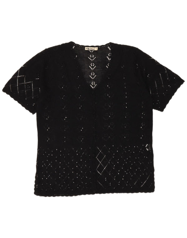 vintage Femmes Manches Courtes Crochet Cardigan Top UK 20 2XL Coton Noir