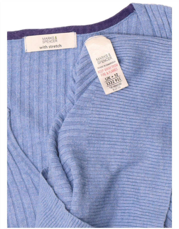 Marks & Spencer Pull à manches courtes et col en V pour femme Bleu moyen UK 12